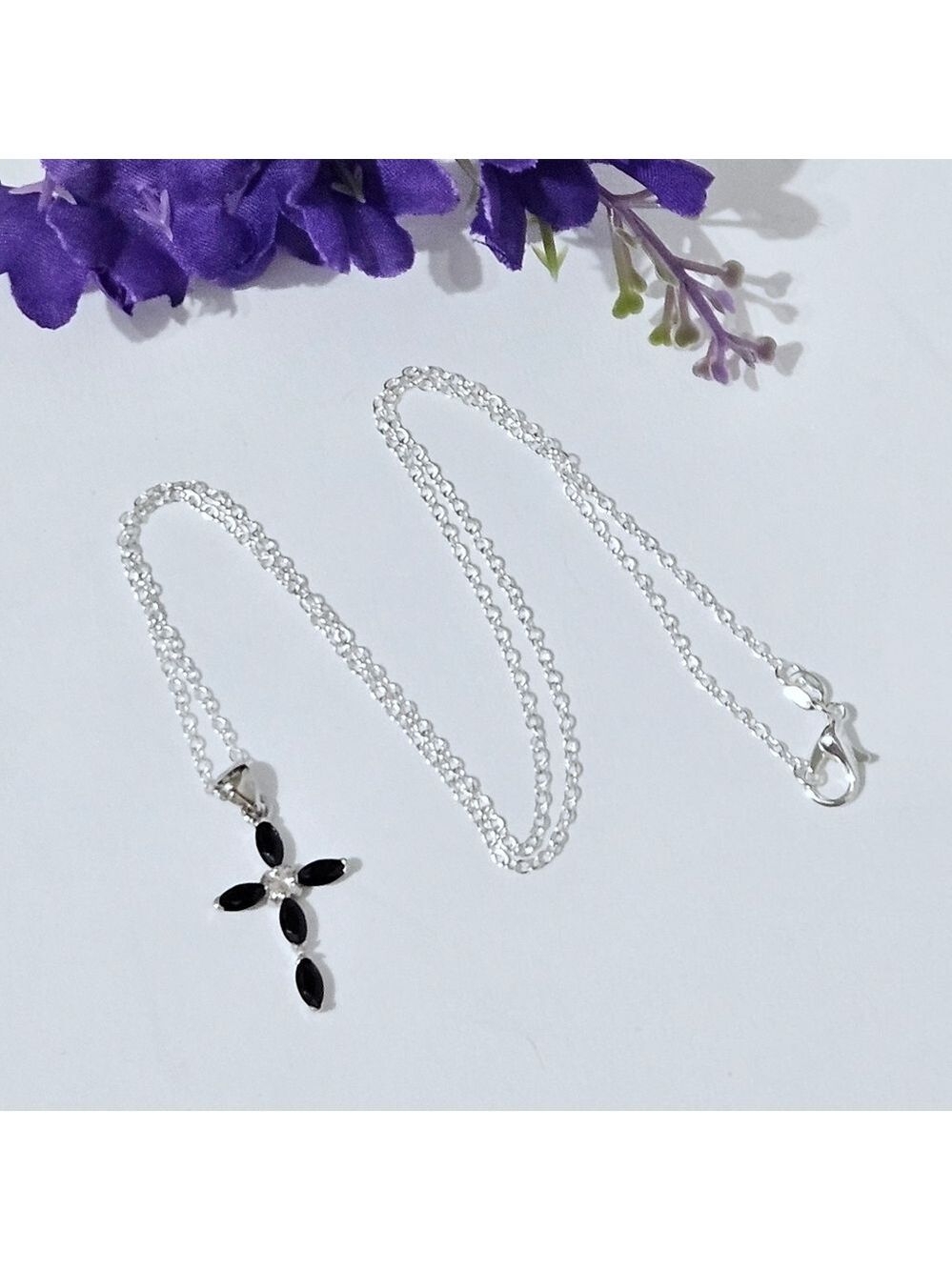 Sterling Silver Cz Black Cross Pendant Necklace